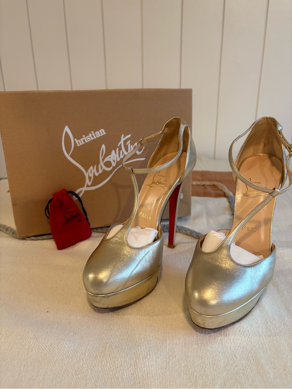 Christian Louboutin Gold Metallic T-Strap Platform Pumps